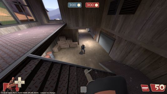 Heavy about to use The Big Owen on a Demoman holding The Pipebomb Launcher in koth_lumberyard